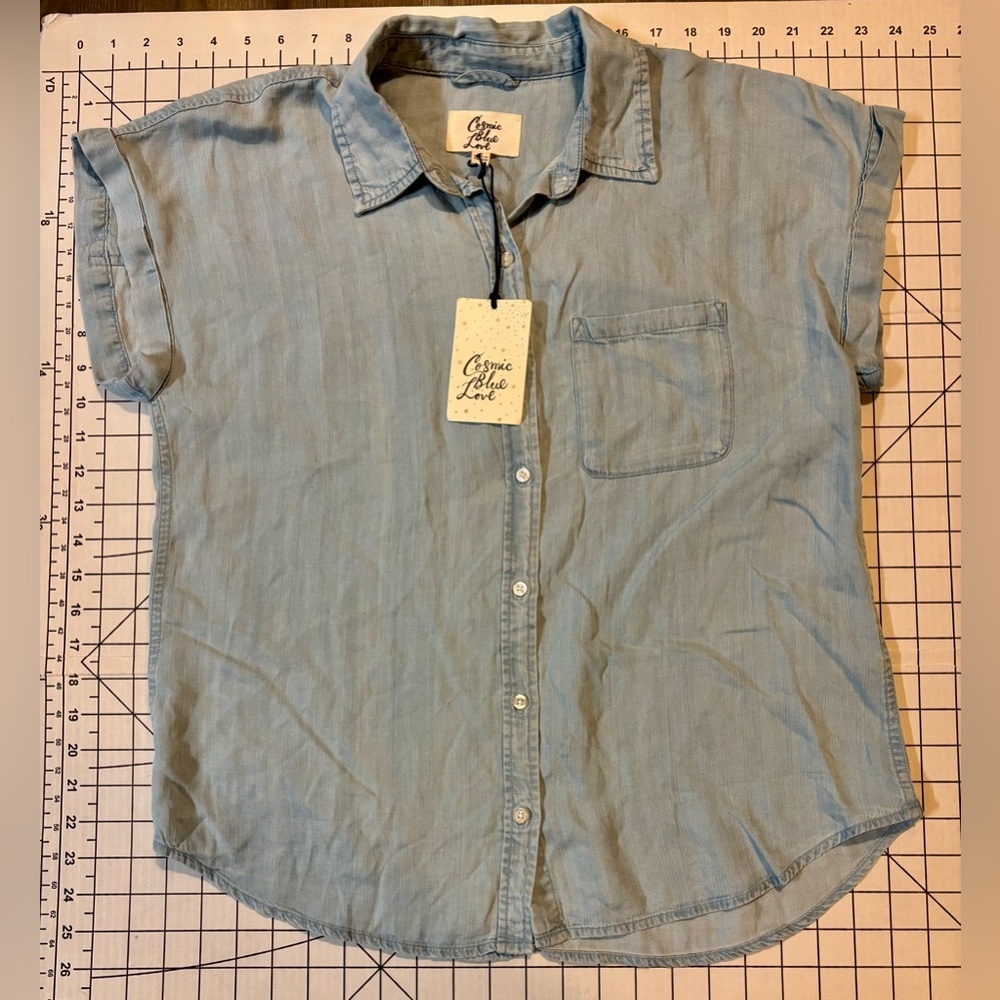 NWT Cosmic Blue Love by Pistola Women’s Size Small Sun Blue Button Down Shirt